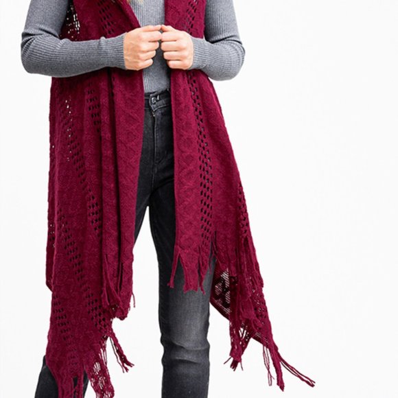 Burgundy Red Crochet Knit Boho Open Front Cardigan - Picture 3 of 7